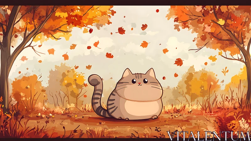 Round cat catching autumn leaves in forest.