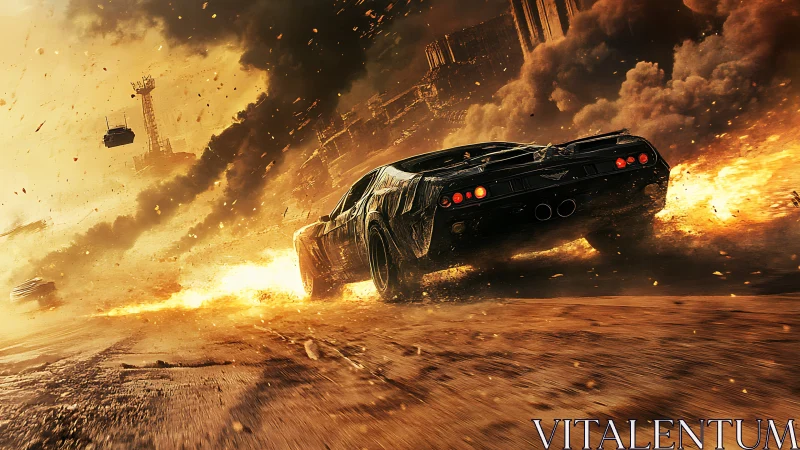 Armored muscle car drifts through fiery urban wasteland
