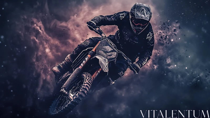 Motocross rider carves dark airborne turn through dust
