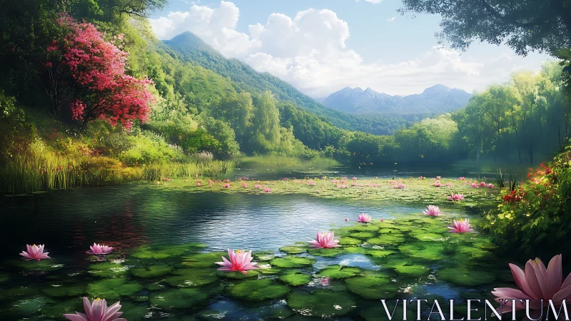 Serene mountain lily pond under luminous summer sky.