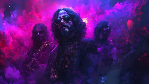 Psychedelic rock portrait in neon magenta and electric violet fog.