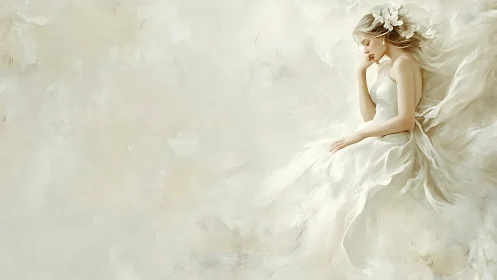 Ethereal bride resting in high-key monochrome, soft brush textures