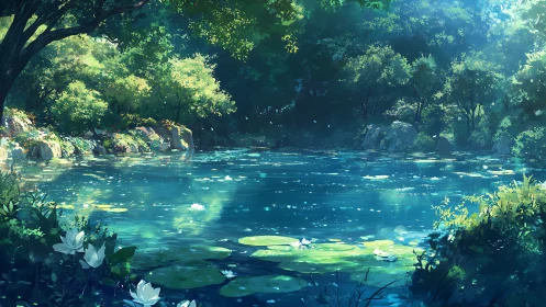 Sunlit forest pond glows with clear water and lilies