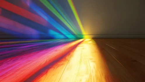Vivid Rainbow Light Casting Across Wooden Floor in Minimalist Room.