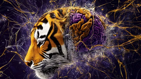 Tiger profile merged with exposed brain in abstract field.