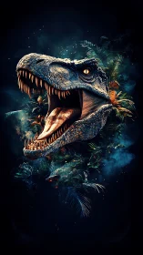 Roaring dinosaur head emerges from dark neon jungle night.