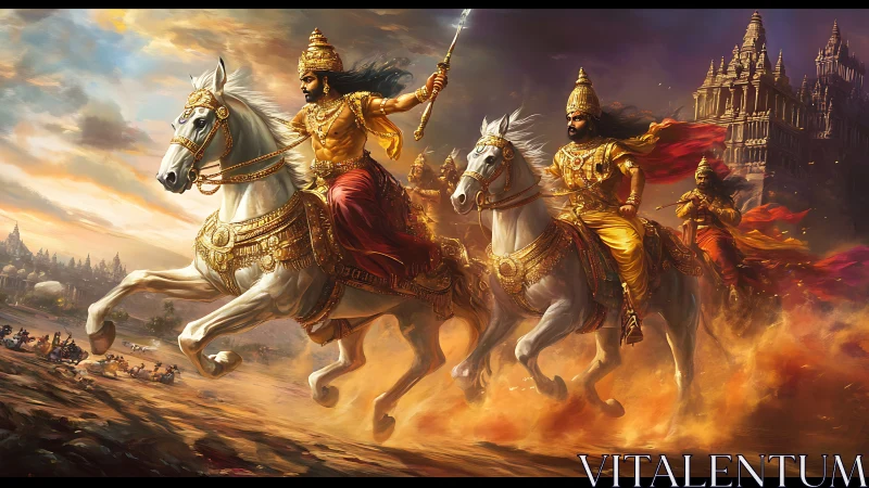Warriors on white horses charging past ancient temple complex.