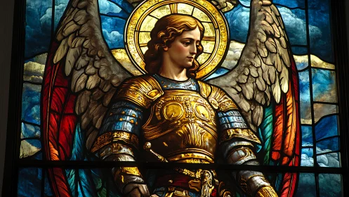 Radiant stained glass archangel in gleaming golden armor.