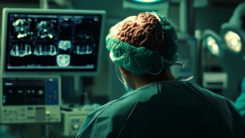 Neurosurgeon in OR with exposed brain and cranial imaging display
