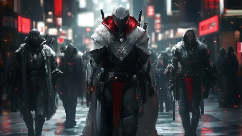 Armored cloaked enforcers advance through neon-lit urban corridor