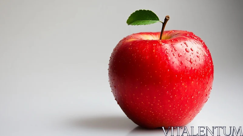 Fresh red apple glistens with dewdrops on clean background.