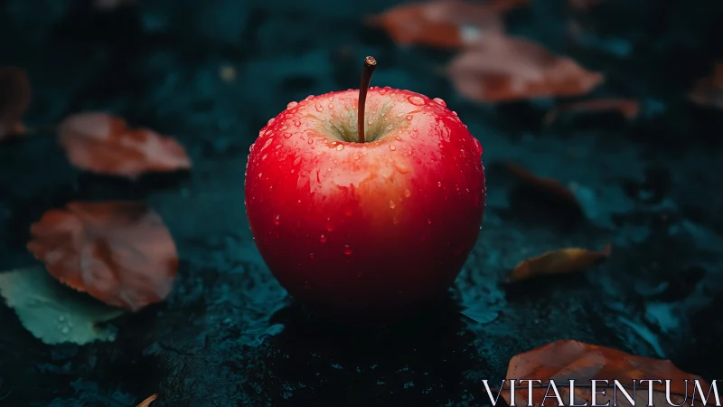 Red apple with water droplets on dark wet surface