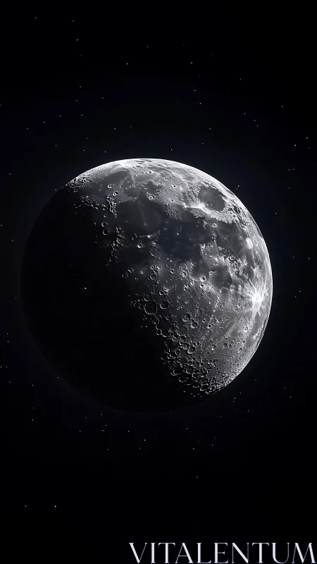 Crescent moon reveals rugged cratered surface in space.