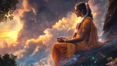 Woman in saffron sari seated on cliff at glowing sunset.