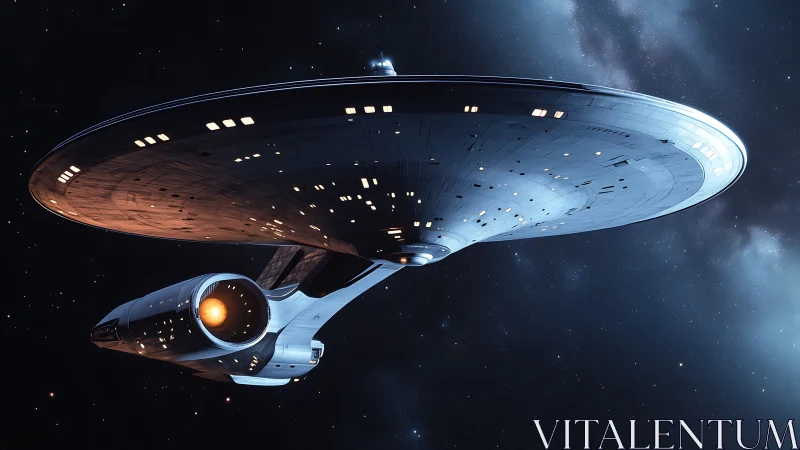 Starship with saucer hull traverses deep interstellar space