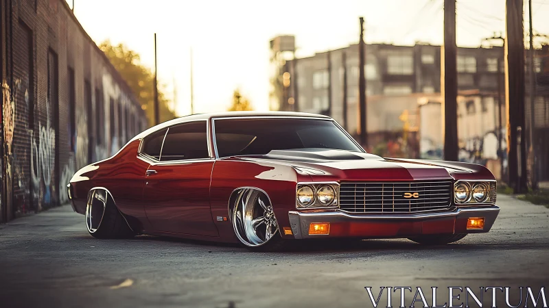 Low-slung crimson muscle car prowls a graffiti city lane.