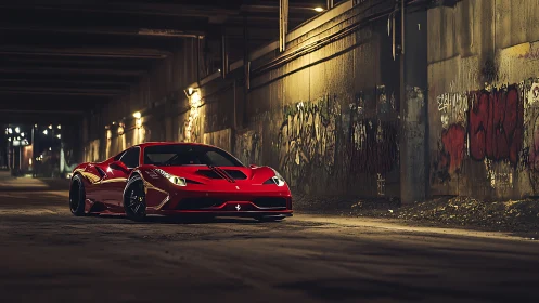 Red sports car parked in gritty urban tunnel at night.