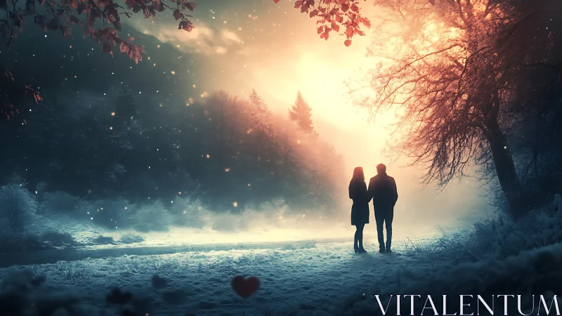 Couple in Winter Forest at Magical Sunrise
