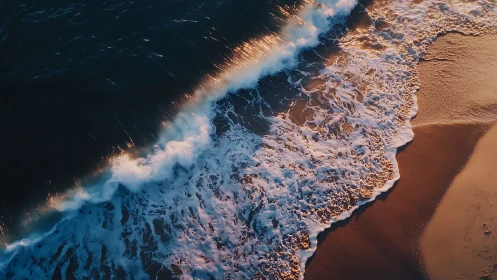 Breaking shoreline wave meets wet sand in evening light