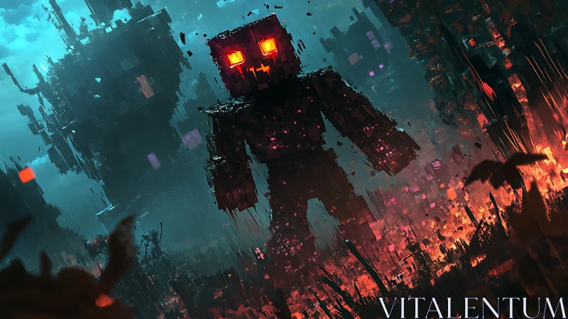 Voxel inferno golem stalking through pixelated ruins.