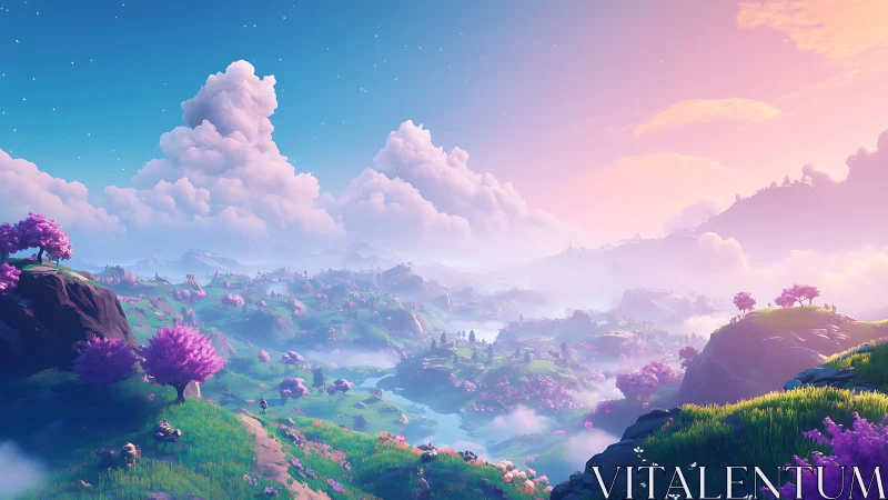 Dreamlike valley vista under luminous pastel skies.
