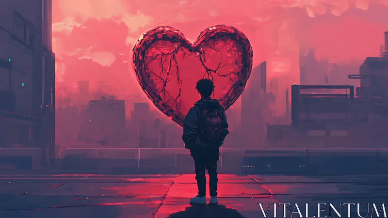 Solitary figure observing cracked red heart in cityscape.
