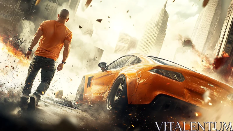 Man and orange sports car in explosive urban street scene.