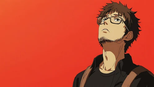 Thoughtful anime man gazes upward against vivid red sky