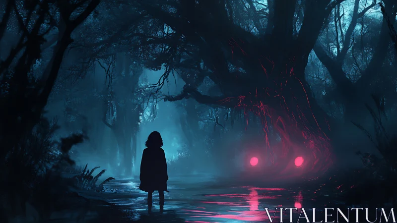 Child confronts glowing forest creature in misty moonlit swamp