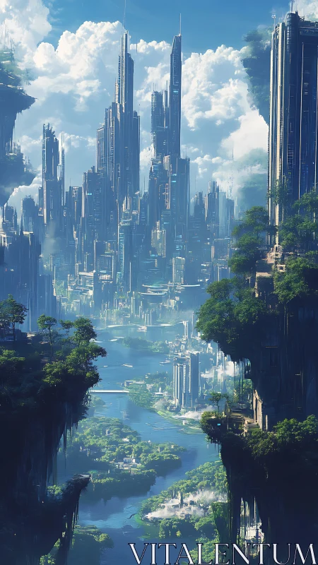 Vertical river valley megacity with tiered forested terraces.