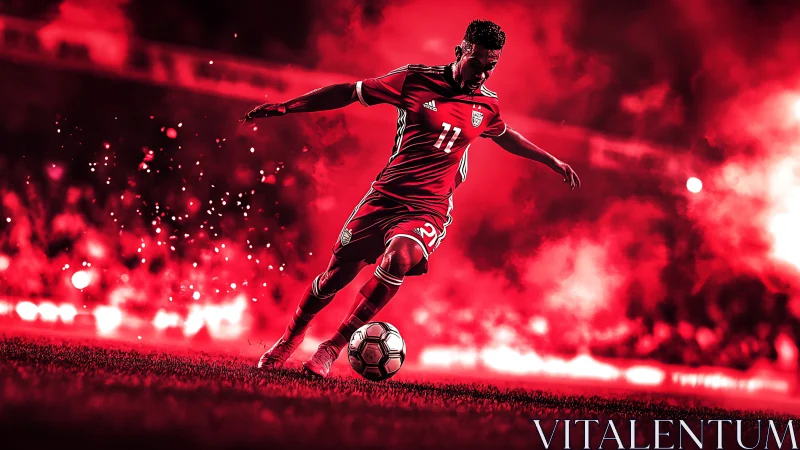 Dynamic red-lit soccer striker charging with ball at pace.