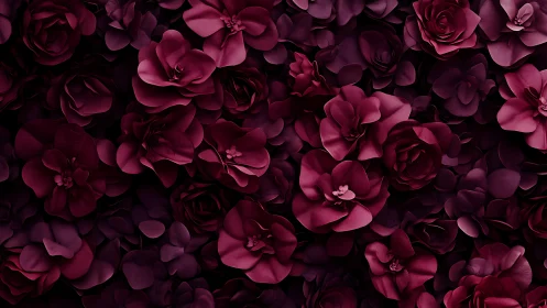 Digital painting of layered burgundy floral relief wall surface.