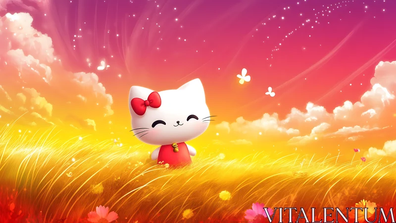 Smiling chibi cat stands in luminous sunset meadow illustration