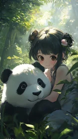 Digital illustration depicts girl with panda in forest light