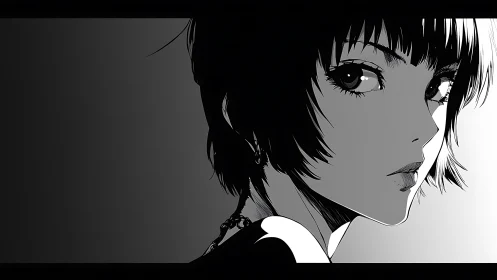 Monochrome anime portrait captures a pensive side glance.