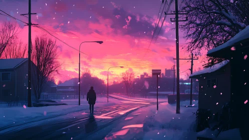 Snowy suburban street under magenta-pink volumetric sunset sky
