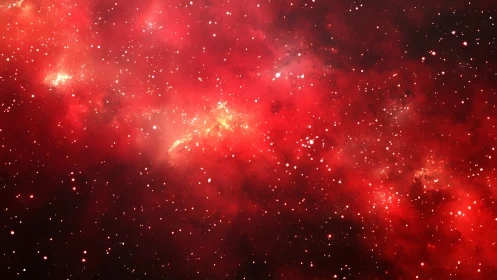 Red nebula space field with glowing stars and dust clouds