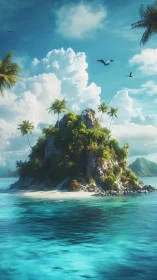 Tropical island formation in turquoise waters under cumulus cloud cover.