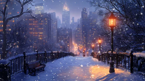 Snowy city park path glows under warm winter lamplight.