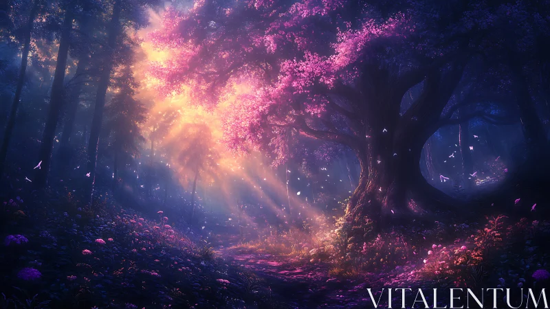 Enchanted Forest Glow with Pink Blossoms.