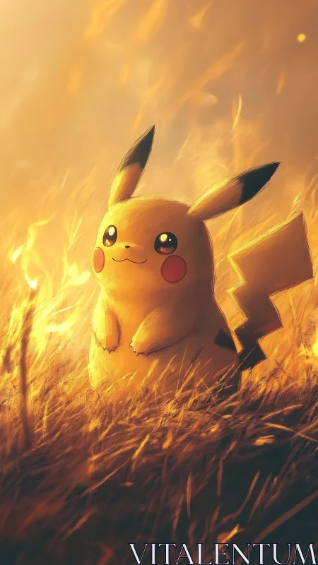 Golden evening glow surrounds a smiling Pikachu in tall grass