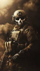 Tactical operator in skull mask under cinematic backlight.