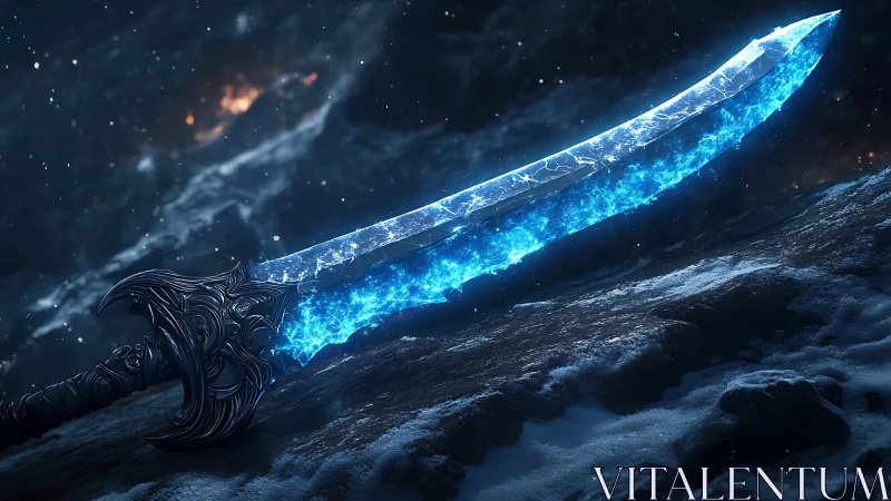 Frozen starlight blade rests on icy ground, softly glowing