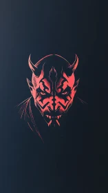 Red horned humanoid head illustration on dark field.