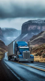 Aerodynamic blue semi-truck on wet two-lane highway in canyon