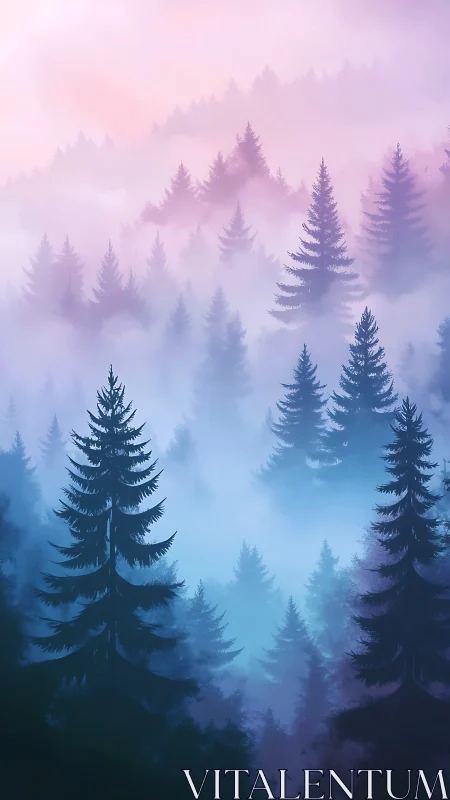 Misty Conifer Forest in Ethereal Blue and Rose Gradient.