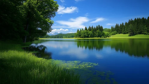 Calm forest lake under a bright blue summer sky.