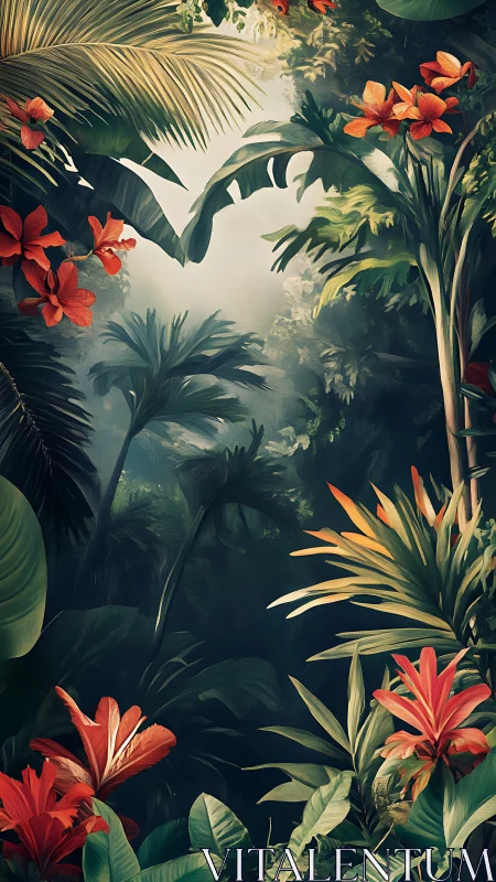 Dense tropical canopy with layered mist and saturated florals