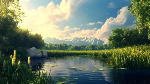 Mountain lake reflects vivid reeds and glowing sky.