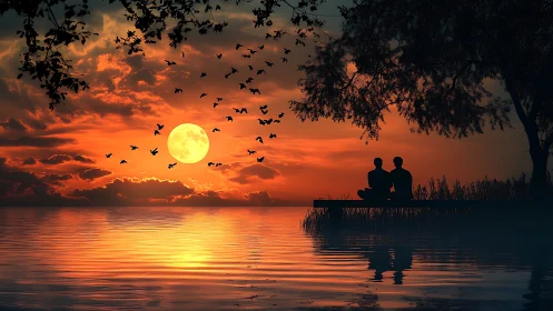 Silhouetted couple beside lake under glowing full moon.